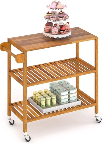 KỆ GỖ ĐA NĂNG GOLDEN TEAK 674760- KỆ ĐẨY NHÀ BẾP GỖ ACACIA 3 TẦNG CÓ BÁNH XE – KHO ĐỒ GỖ 49