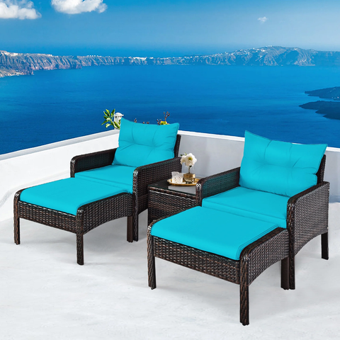 Bộ Bàn Ghế Ngoài Trời 5 Món Ottoman Xanh – Sofa Đơn + Ottoman + Bàn Kính – Chất Liệu Giả Mây PE Cao Cấp