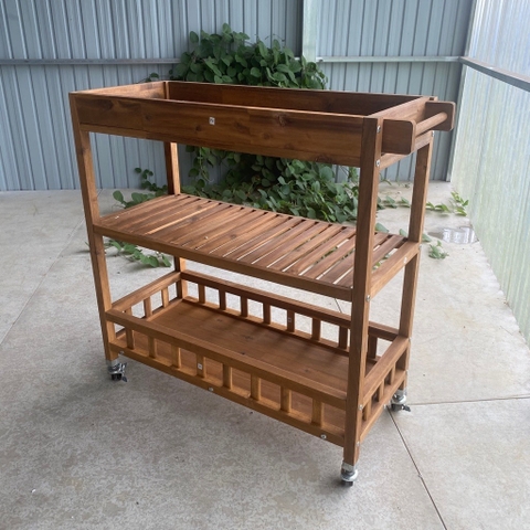 KỆ GỖ GOLDEN TEAK WITH TRAY 675026/ KỆ ĐA NĂNG CÓ BÁNH XE DI ĐỘNG CỠ LỚN– KỆ ĐẨY TRÀ, CAFE, BBQ SÂN VƯỜN, NHÀ BẾP.