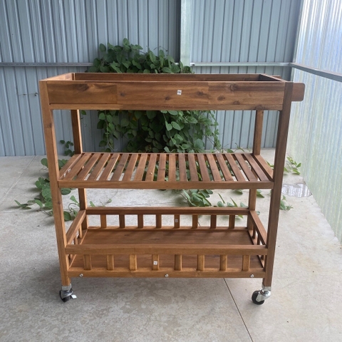 KỆ GỖ GOLDEN TEAK WITH TRAY 675026/ KỆ ĐA NĂNG CÓ BÁNH XE DI ĐỘNG CỠ LỚN– KỆ ĐẨY TRÀ, CAFE, BBQ SÂN VƯỜN, NHÀ BẾP.