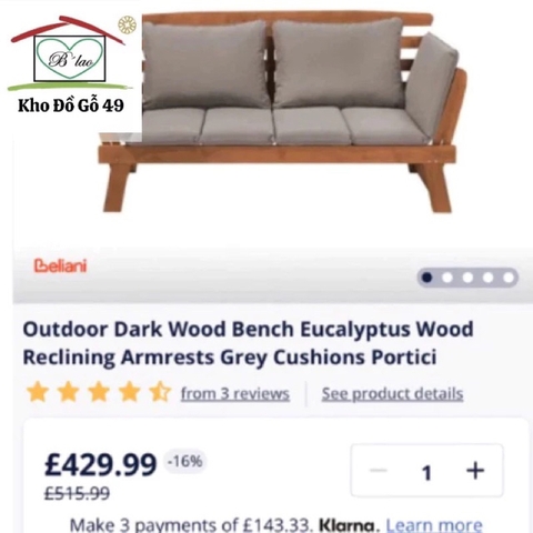 [Ghế Daybed Gỗ Tự Nhiên Ngoài Trời – Điều Chỉnh Tay Tựa – Có Đệm – Phân Phối Chính Hãng bởi Kho Đồ Gỗ 49]
