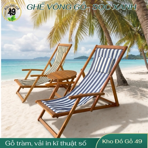 Ghế võng gỗ bãi biển sọc xanh lá