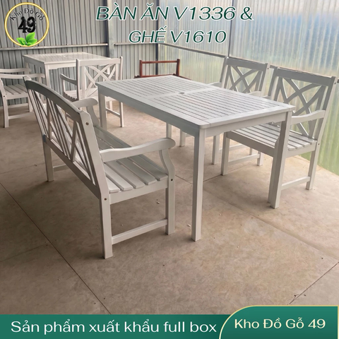 BÀN ĂN SIESTA GỖ TRÀM FSC V1336, KT 150 × 80 × 74 CM – SƠN TRẮNG | CÓ LỖ CẮM DÙ | KHO ĐỒ GỖ 49