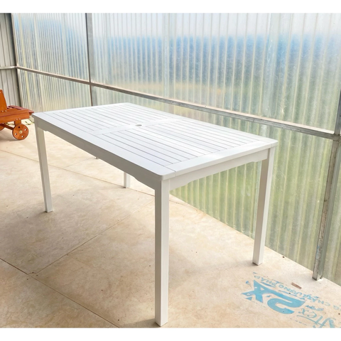 BÀN ĂN SIESTA GỖ TRÀM FSC V1336, KT 150 × 80 × 74 CM – SƠN TRẮNG | CÓ LỖ CẮM DÙ | KHO ĐỒ GỖ 49