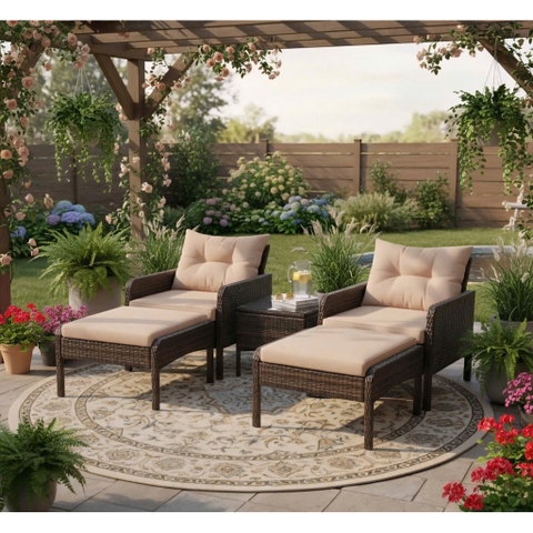 Bộ Bàn Ghế Ngoài Trời 5 Món Ottoman Kaki – Sofa Đơn + Ottoman + Bàn Kính – Chất Liệu Giả Mây PE Cao Cấp