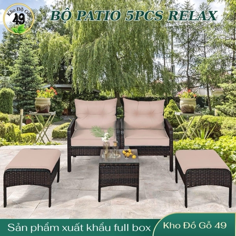 Bộ Bàn Ghế Ngoài Trời 5 Món Ottoman Kaki – Sofa Đơn + Ottoman + Bàn Kính – Chất Liệu Giả Mây PE Cao Cấp