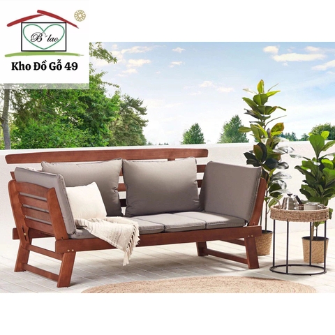 [Ghế Daybed Gỗ Tự Nhiên Ngoài Trời – Điều Chỉnh Tay Tựa – Có Đệm – Phân Phối Chính Hãng bởi Kho Đồ Gỗ 49]