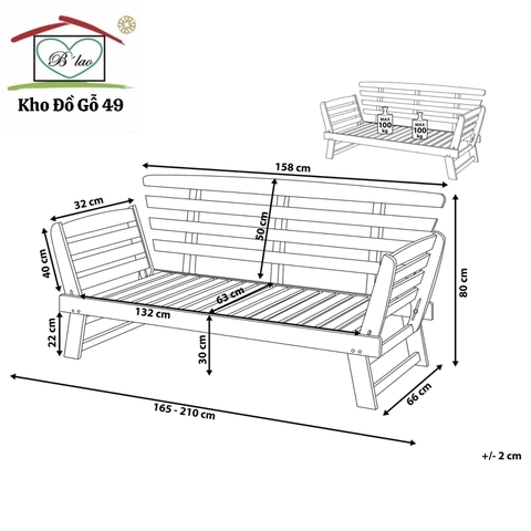 [Ghế Daybed Gỗ Tự Nhiên Ngoài Trời – Điều Chỉnh Tay Tựa – Có Đệm – Phân Phối Chính Hãng bởi Kho Đồ Gỗ 49]