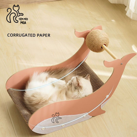 Cá heo hồng cào móng cho mèo - Bàn cào giấy có con lăn thừng - Đồ chơi cho mèo - Tiệm Mèo Moa