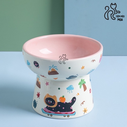 Chén ăn/ chén uống nước in họa tiết mèo đen mùa hè - Chén ăn bằng gốm sứ chống gù lưng cho mèo - Tiệm Mèo Moa