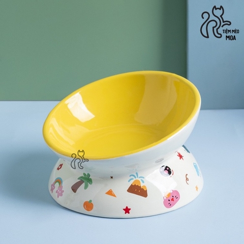 Chén ăn/ chén uống nước in họa tiết mèo đen mùa hè - Chén ăn bằng gốm sứ chống gù lưng cho mèo - Tiệm Mèo Moa