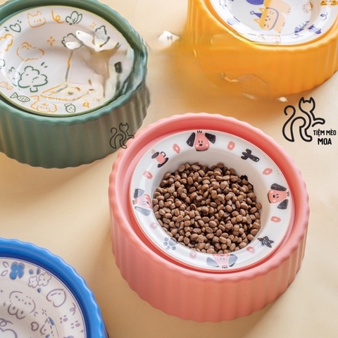 Chén ăn bằng sứ có giá đỡ nhựa cho thú cưng - Tiệm Mèo Moa