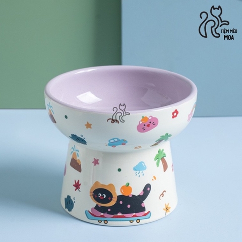 Chén ăn/ chén uống nước in họa tiết mèo đen mùa hè - Chén ăn bằng gốm sứ chống gù lưng cho mèo - Tiệm Mèo Moa