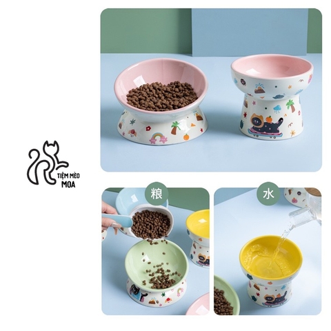 Chén ăn/ chén uống nước in họa tiết mèo đen mùa hè - Chén ăn bằng gốm sứ chống gù lưng cho mèo - Tiệm Mèo Moa