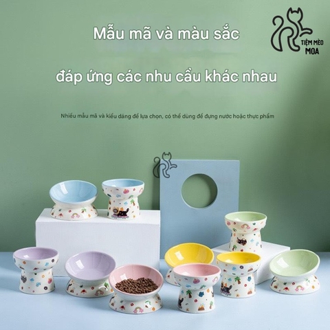 Chén ăn/ chén uống nước in họa tiết mèo đen mùa hè - Chén ăn bằng gốm sứ chống gù lưng cho mèo - Tiệm Mèo Moa