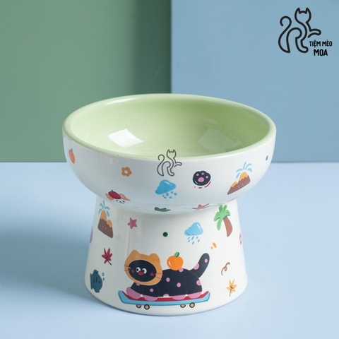 Chén ăn/ chén uống nước in họa tiết mèo đen mùa hè - Chén ăn bằng gốm sứ chống gù lưng cho mèo - Tiệm Mèo Moa