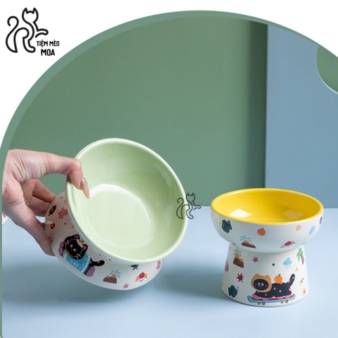 Chén ăn/ chén uống nước in họa tiết mèo đen mùa hè - Chén ăn bằng gốm sứ chống gù lưng cho mèo - Tiệm Mèo Moa