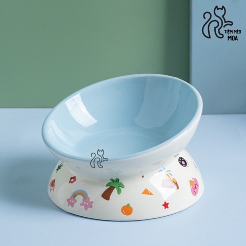 Chén ăn/ chén uống nước in họa tiết mèo đen mùa hè - Chén ăn bằng gốm sứ chống gù lưng cho mèo - Tiệm Mèo Moa