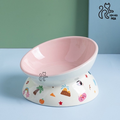 Chén ăn/ chén uống nước in họa tiết mèo đen mùa hè - Chén ăn bằng gốm sứ chống gù lưng cho mèo - Tiệm Mèo Moa