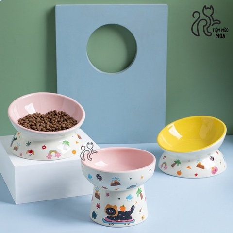 Chén ăn/ chén uống nước in họa tiết mèo đen mùa hè - Chén ăn bằng gốm sứ chống gù lưng cho mèo - Tiệm Mèo Moa