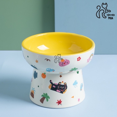 Chén ăn/ chén uống nước in họa tiết mèo đen mùa hè - Chén ăn bằng gốm sứ chống gù lưng cho mèo - Tiệm Mèo Moa