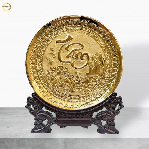 TRANH ĐĨA CHỮ TÂM THƯ PHÁP BẰNG ĐỒNG MẠ VÀNG 24K - TRANH QUÀ TẶNG ĐỂ BÀN (KÍCH THƯỚC 25CM)