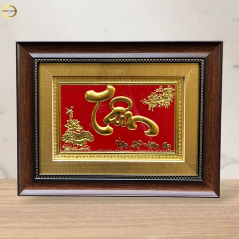 TRANH CHỮ TÂM BẰNG ĐỒNG DÁT VÀNG - KÍCH THƯỚC 42X32CM