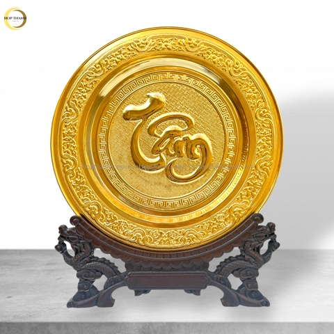 TRANH ĐĨA CHỮ TÂM THƯ PHÁP BẰNG ĐỒNG MẠ VÀNG 24K - TRANH QUÀ TẶNG ĐỂ BÀN (KÍCH THƯỚC 35CM)
