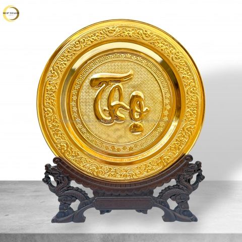 TRANH ĐĨA CHỮ THỌ THƯ PHÁP BẰNG ĐỒNG MẠ VÀNG 24K - TRANH QUÀ TẶNG ĐỂ BÀN (KÍCH THƯỚC 35CM)