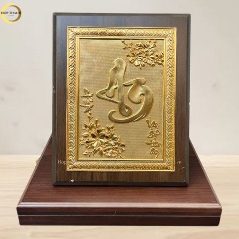 TRANH CHỮ AN THƯ PHÁP BẰNG ĐỒNG MẠ VÀNG 24K QUÀ TẶNG ĐỂ BÀN (KÍCH THƯỚC 20X25CM)