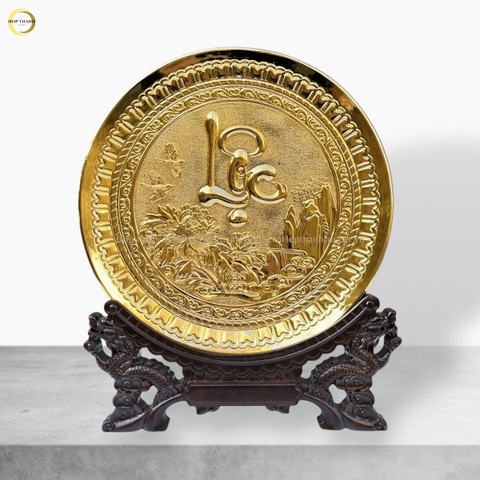 TRANH ĐĨA CHỮ LỘC THƯ PHÁP BẰNG ĐỒNG MẠ VÀNG 24K - TRANH QUÀ TẶNG ĐỂ BÀN (KÍCH THƯỚC 25CM)