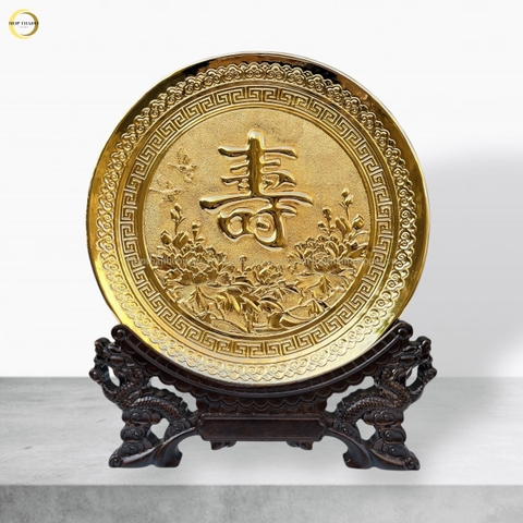 TRANH ĐĨA CHỮ THỌ TIẾNG HÁN BẰNG ĐỒNG MẠ VÀNG 24K - TRANH QUÀ TẶNG ĐỂ BÀN (KÍCH THƯỚC 25CM)