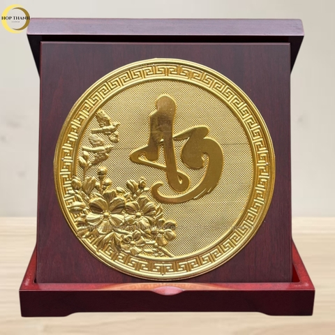 TRANH CHỮ AN THƯ PHÁP BẰNG ĐỒNG DÁT VÀNG - QUÀ TẶNG ĐỂ BÀN (KÍCH THƯỚC 24X24CM)