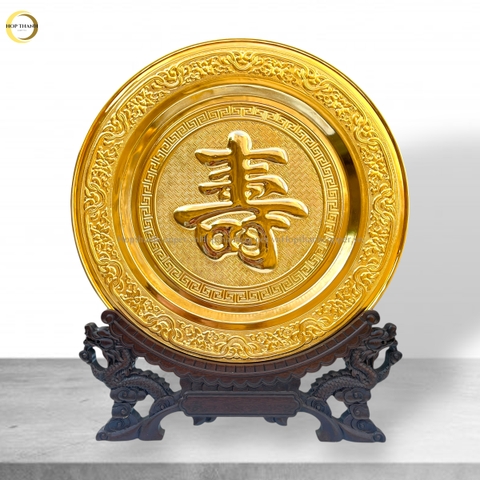 TRANH ĐĨA CHỮ THỌ TIẾNG HÁN BẰNG ĐỒNG MẠ VÀNG 24K - TRANH QUÀ TẶNG ĐỂ BÀN (KÍCH THƯỚC 35CM)