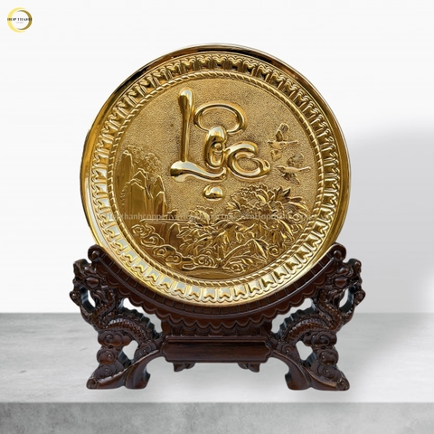 TRANH ĐĨA CHỮ LỘC THƯ PHÁP BẰNG ĐỒNG MẠ VÀNG 24K - TRANH QUÀ TẶNG ĐỂ BÀN (KÍCH THƯỚC 19CM)