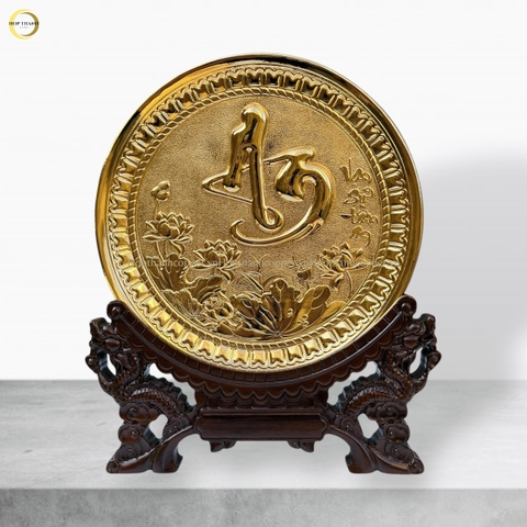 TRANH ĐĨA CHỮ AN THƯ PHÁP BẰNG ĐỒNG MẠ VÀNG 24K - TRANH QUÀ TẶNG ĐỂ BÀN (KÍCH THƯỚC 19CM)