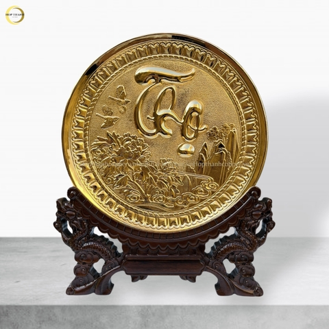 TRANH ĐĨA CHỮ THỌ THƯ PHÁP BẰNG ĐỒNG MẠ VÀNG 24K - TRANH QUÀ TẶNG ĐỂ BÀN (KÍCH THƯỚC 19CM)