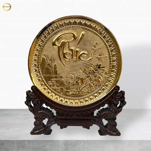 TRANH ĐĨA CHỮ PHÚC THƯ PHÁP BẰNG ĐỒNG MẠ VÀNG 24K - TRANH QUÀ TẶNG ĐỂ BÀN (KÍCH THƯỚC 19CM)