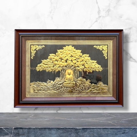 TRANH ĐỒNG DÁT ĐIỂM - ĐỨC PHẬT NGỒI DƯỚI GỐC CÂY BỒ ĐỀ (KÍCH THƯỚC 50X70CM)