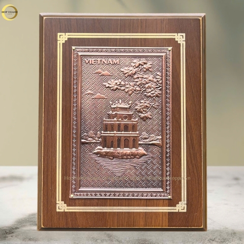 TRANH HỒ HOÀN KIẾM BẰNG ĐỒNG ĐỎ GIẢ CỔ - TRANH QUÀ TẶNG ĐỂ BÀN (KÍCH THƯỚC 17X22CM )