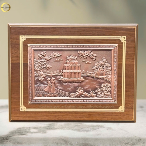 TRANH HỒ HOÀN KIẾM BẰNG ĐỒNG ĐỎ GIẢ CỔ - TRANH QUÀ TẶNG ĐỂ BÀN (KÍCH THƯỚC 22X17CM )