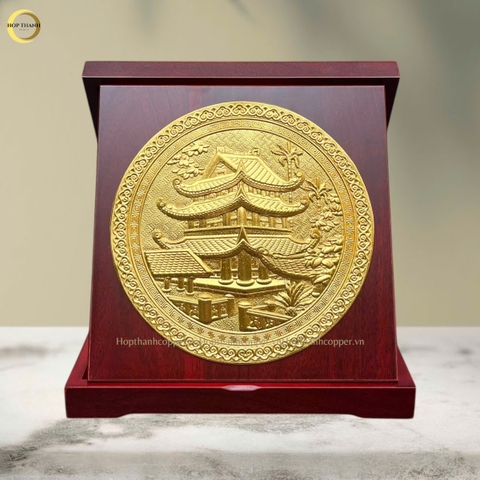 TRANH CHÙA KEO THÁI BÌNH BẰNG ĐỒNG DÁT VÀNG - TRANH QUÀ TẶNG ĐỂ BÀN (KÍCH THƯỚC 24X24CM )