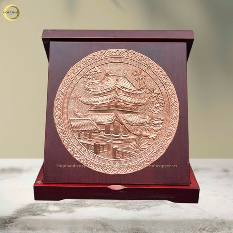 TRANH CHÙA KEO THÁI BÌNH BẰNG ĐỒNG ĐỎ - TRANH QUÀ TẶNG ĐỂ BÀN (KÍCH THƯỚC 24X24CM )