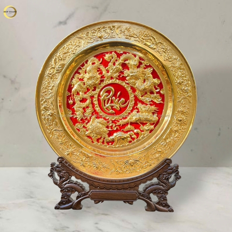 TRANH ĐĨA RỒNG PHÚ QUÝ CHỮ PHÚC BẰNG ĐỒNG MẠ VÀNG 24K - KÍCH THƯỚC 35CM
