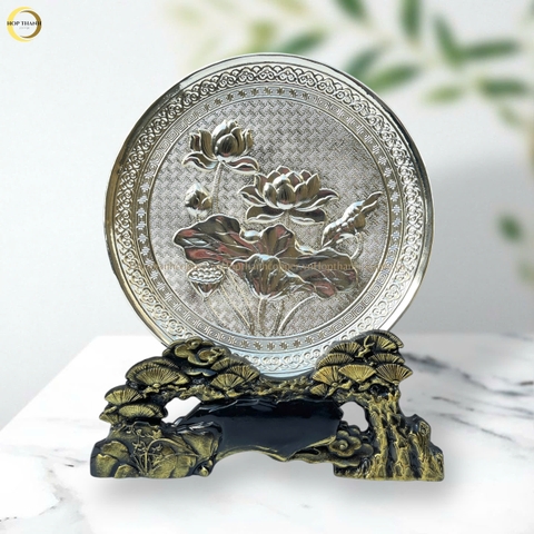 TRANH ĐĨA HOA SEN BẰNG ĐỒNG MẠ BẠC  - TRANH QUÀ TẶNG ĐỂ BÀN (KÍCH THƯỚC 20CM)