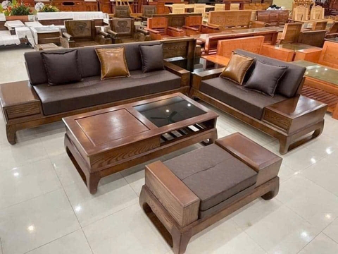 Bộ bàn ghê phòng khách gỗ sồi tự nhiên sơn màu óc chó MS 314