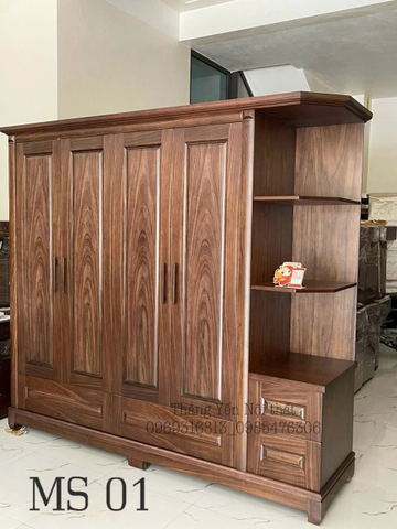 Tủ gỗ hương xám 4 cánh cộng góc trang trí MS01