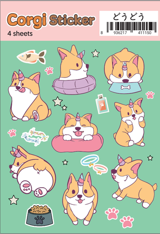 Set 4 Bảng Sticker Chó Corgi Dễ Thương