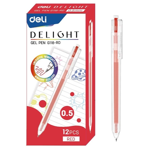 Bút Gel Bấm 0.5mm EG118-RD - Đỏ 12c/Hộp (Deli)