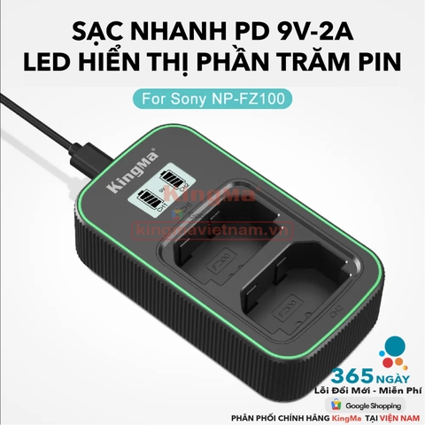 Bộ Sạc Đôi KingMa NP-FZ100 Thế Hệ 5 Phiên Bản Sạc Nhanh Gấp 1.8 Lần . For Sony A7 III, A7 IV, A7R IV, A7S III, A9, A1, FX3, ZV-E1